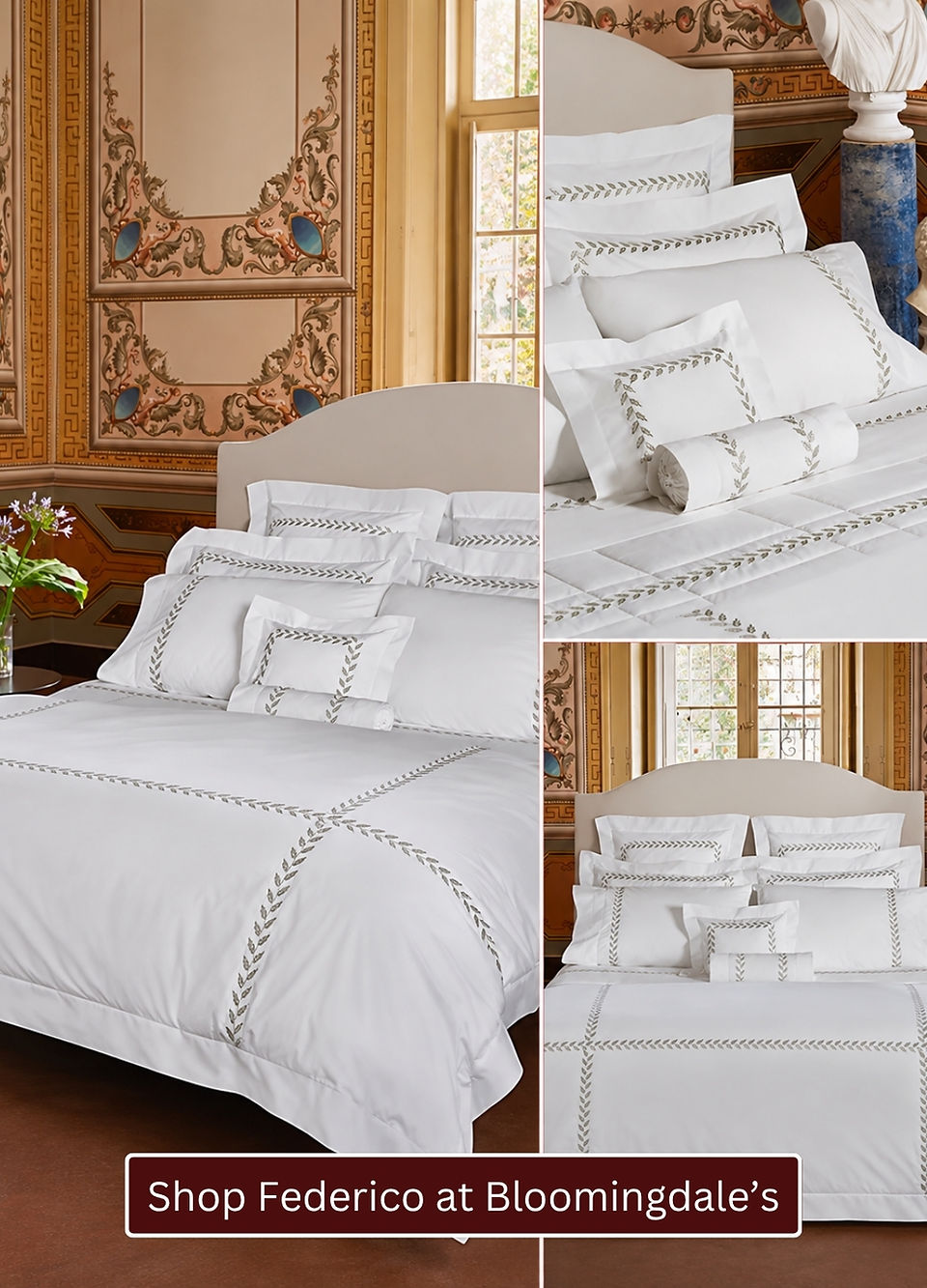 Pratesi Federico luxury bedding collection featuring white bed linens with refined grey leaf embroidery, layered pillow shams and matching duvet detailing.