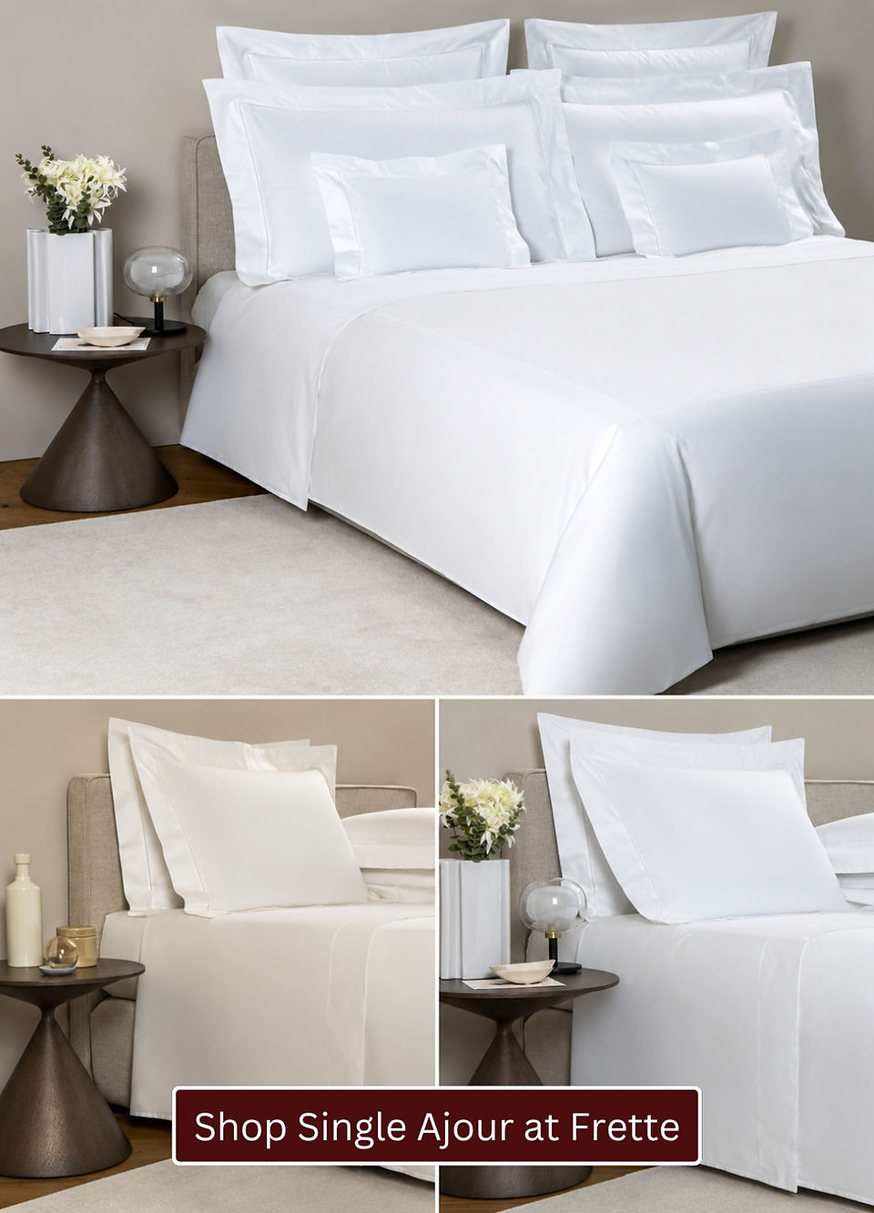 Frette Single Ajour luxury bedding collection featuring smooth cotton sateen sheets and pillow shams with a single open hemstitch border.