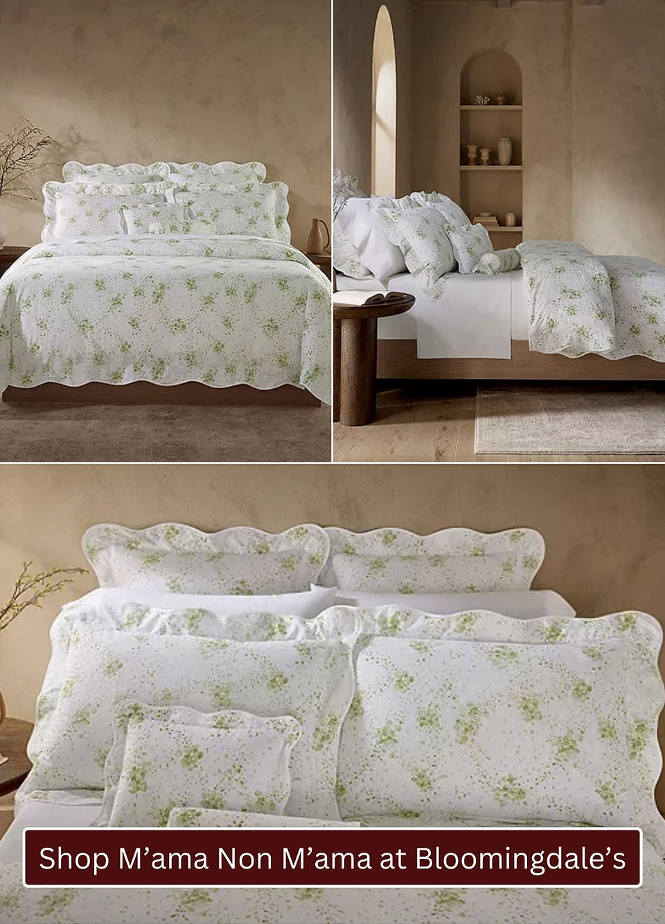 Pratesi M’ama Non M’ama luxury bedding collection featuring white bed linens with a delicate green floral print, scalloped edges and coordinated pillow shams.