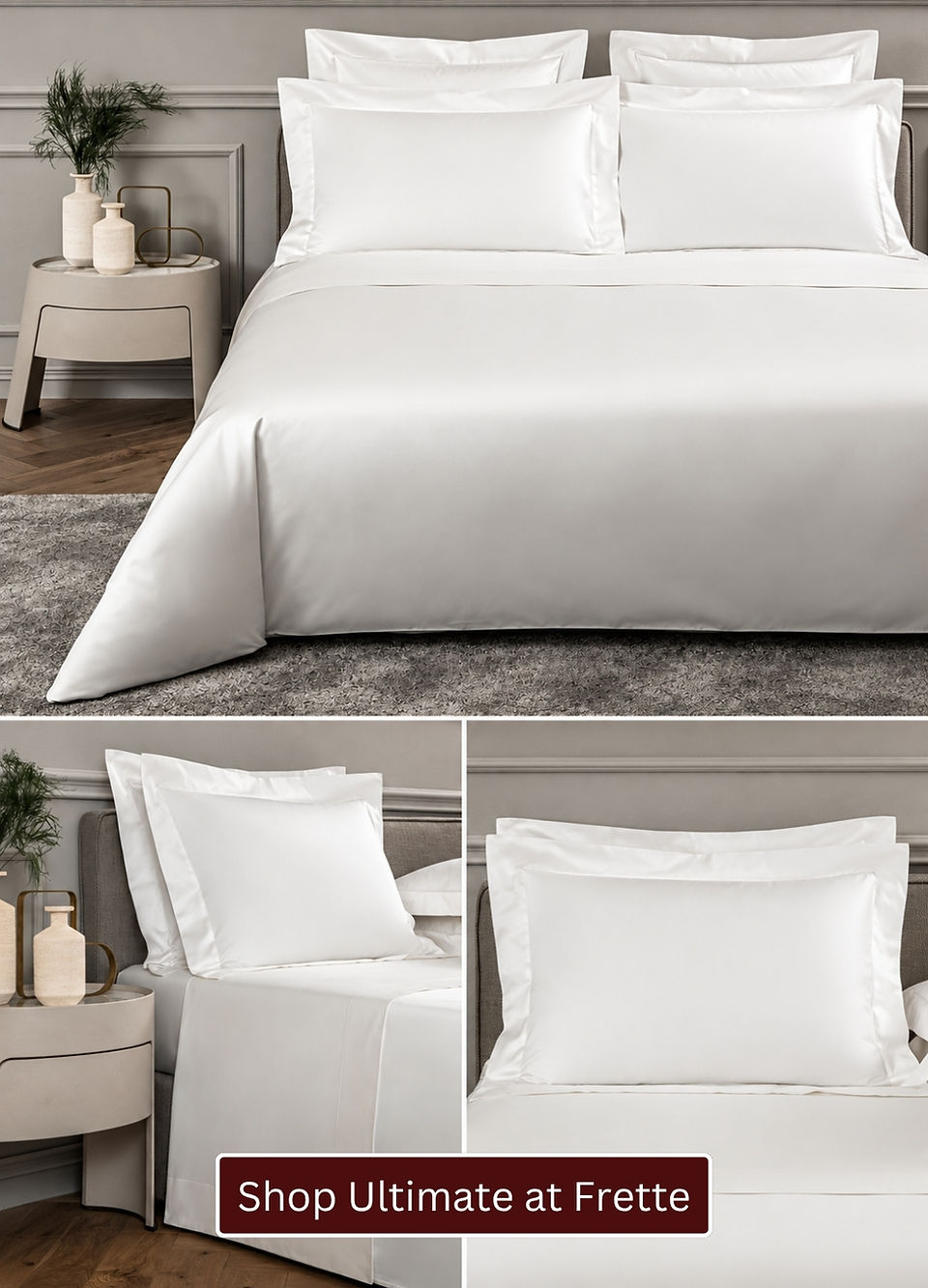 Frette Ultimate luxury bedding collection featuring Giza 45 Egyptian cotton sateen sheets, duvet covers and pillow shams with a minimalist hemstitch finish.