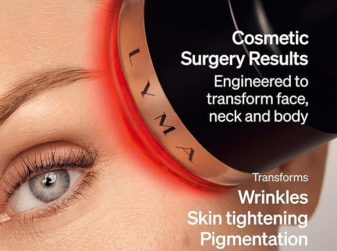 A woman demonstrating the results of the Lyma Laser PRO at home skincare device