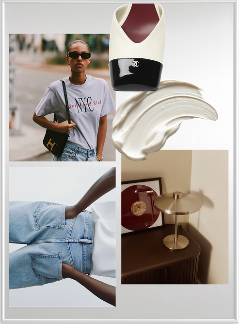 Modern Metropolitan morning edit with Chanel heels, luxury skincare texture, well-cut denim, Hermès bag styling, sculptural lamp and design objects for a sharp city wardrobe.