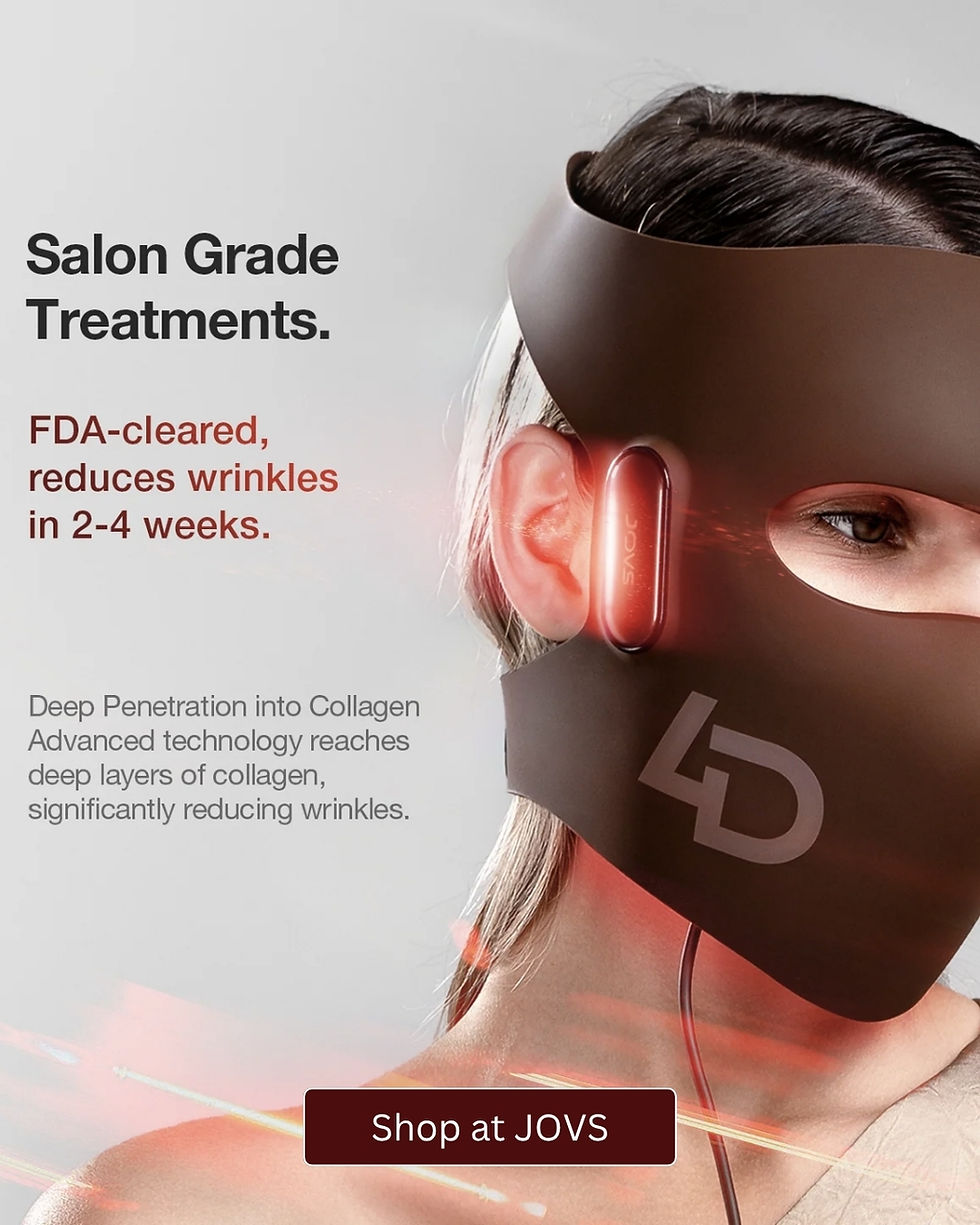 Woman wearing the JOVS 4D Laser Mask. Text overlay highlights that the mask provides a salon grade skin treatment with wrinkle reduced in 2-4 weeks
