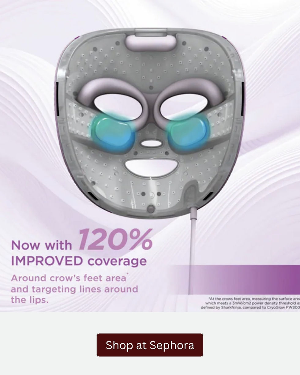 Shark CryoGlow LED face mask on lilac background with text: Now with 120% improved coverage and a Shop at Sephora button.