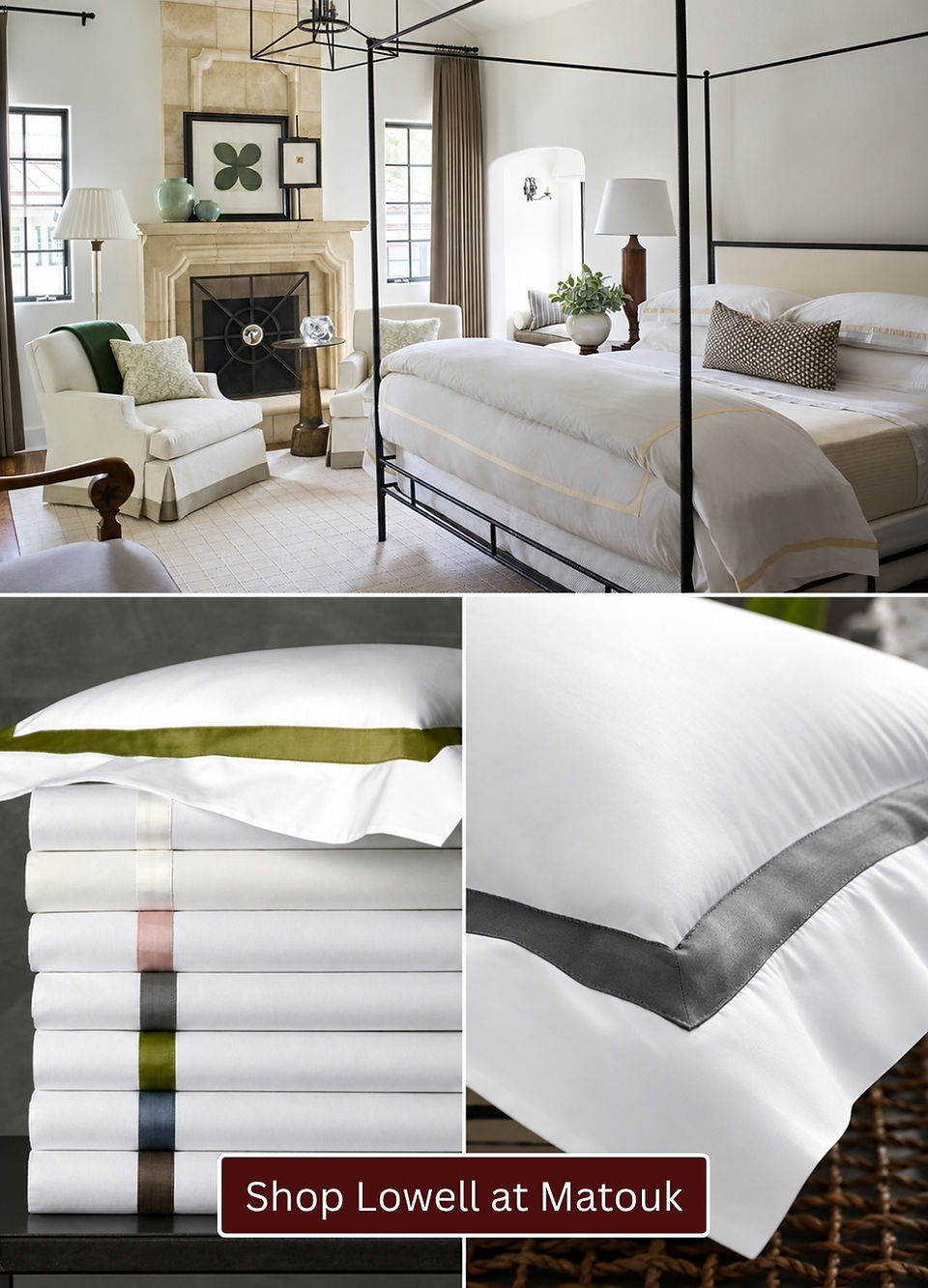 Matouk Lowell luxury bedding collection featuring white Egyptian cotton percale sheets with sateen borders in Champagne, Charcoal and assorted colors.