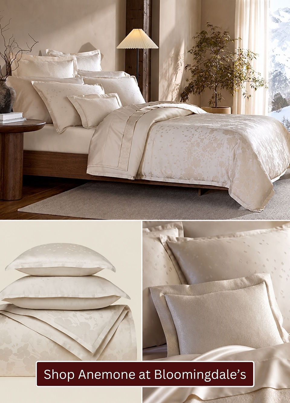 Pratesi Anemone luxury bedding collection featuring elegant ivory jacquard bed linens with subtle floral motifs, matching pillows and a softly patterned duvet.