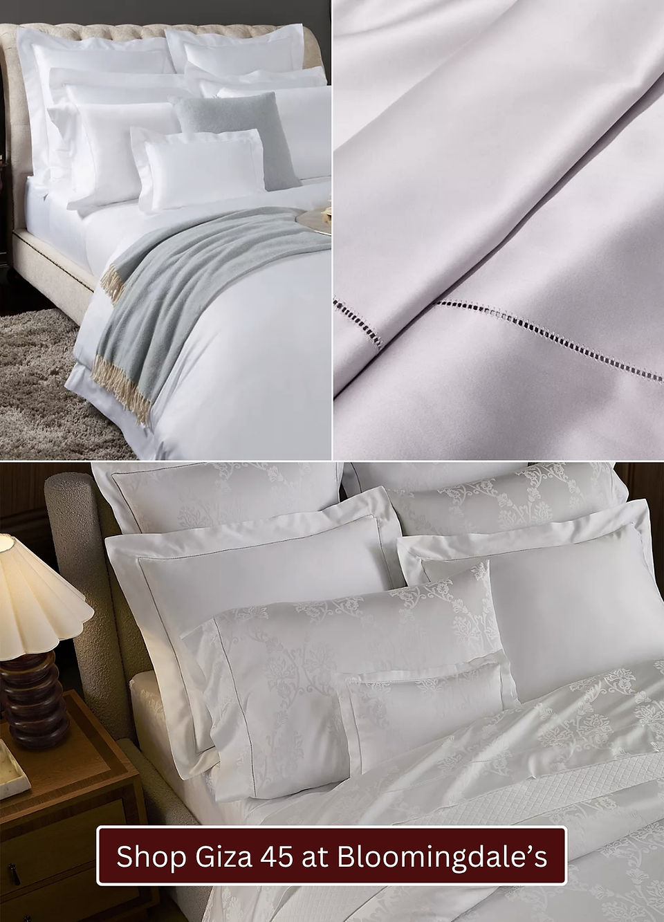 Sferra Giza 45 collection examples in detail and on a bed