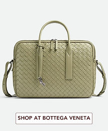 Bottega Veneta Getaway briefcase in Travertine Intrecciato leather with top handles, shoulder strap, silver knot detail and structured laptop-bag shape.