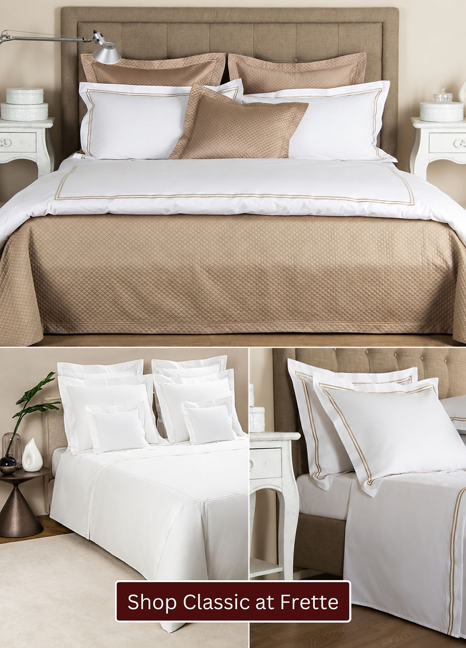 Frette Classic luxury bedding collection featuring crisp cotton percale sheets, duvet covers and pillow shams with signature double embroidered borders.