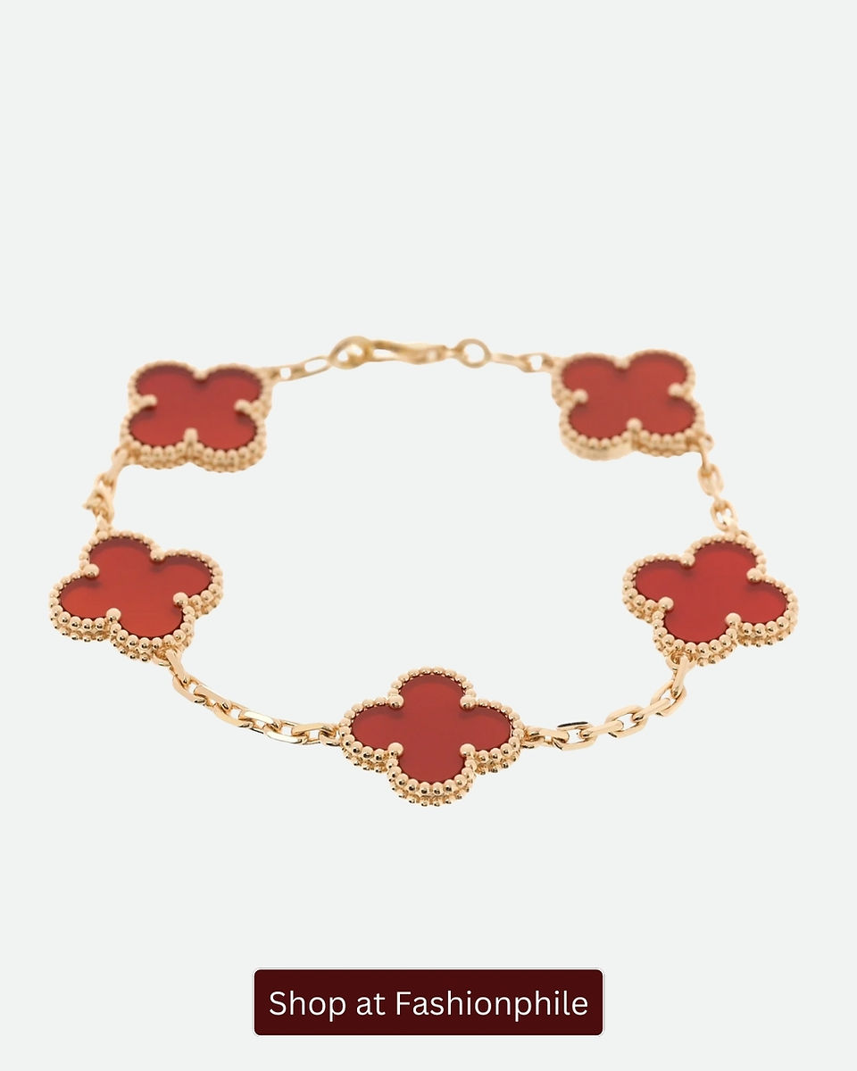 an Cleef & Arpels Vintage Alhambra 5-motif bracelet in Red Carnelian and 18k Yellow Gold.