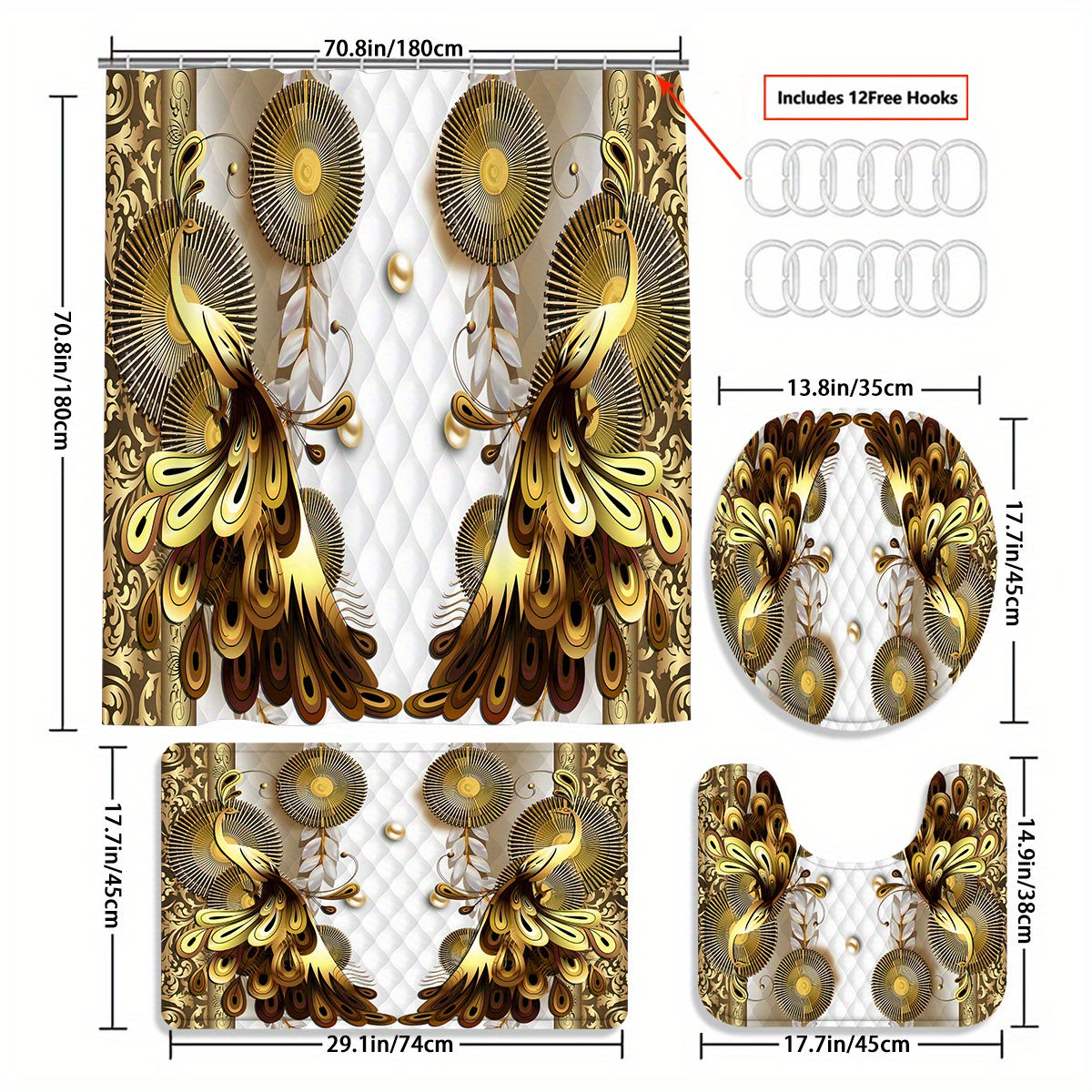 4pcs The Luxurious Peacock Gate Shower Curtain Gift Modern Home Bathroom Decora