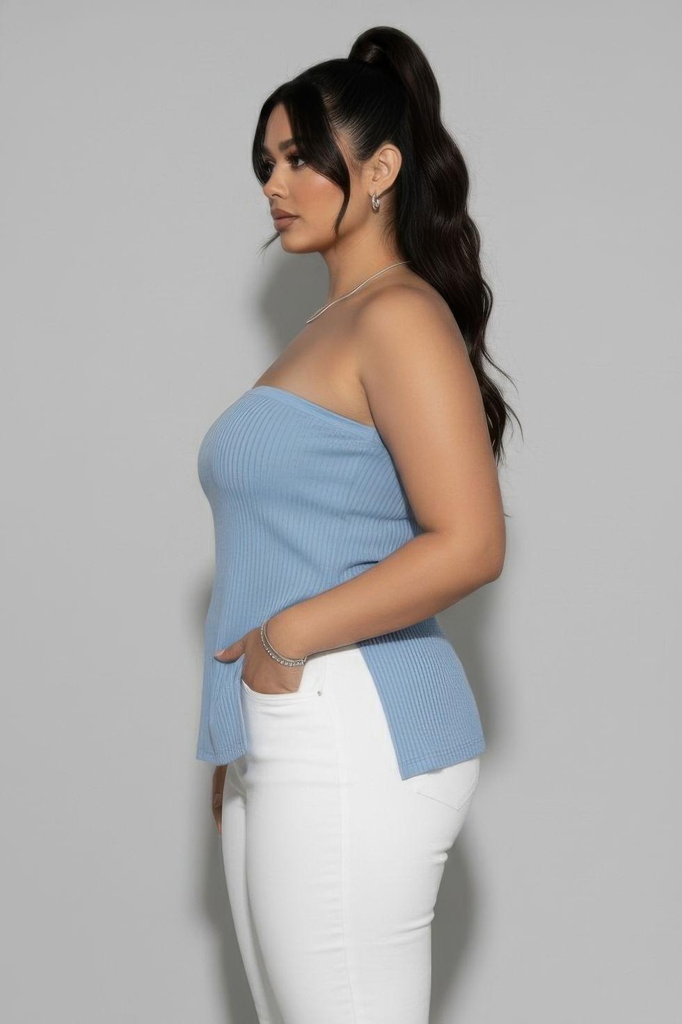 Thumbnail: Plus Strapless Ribbed Side-slit Flare Top