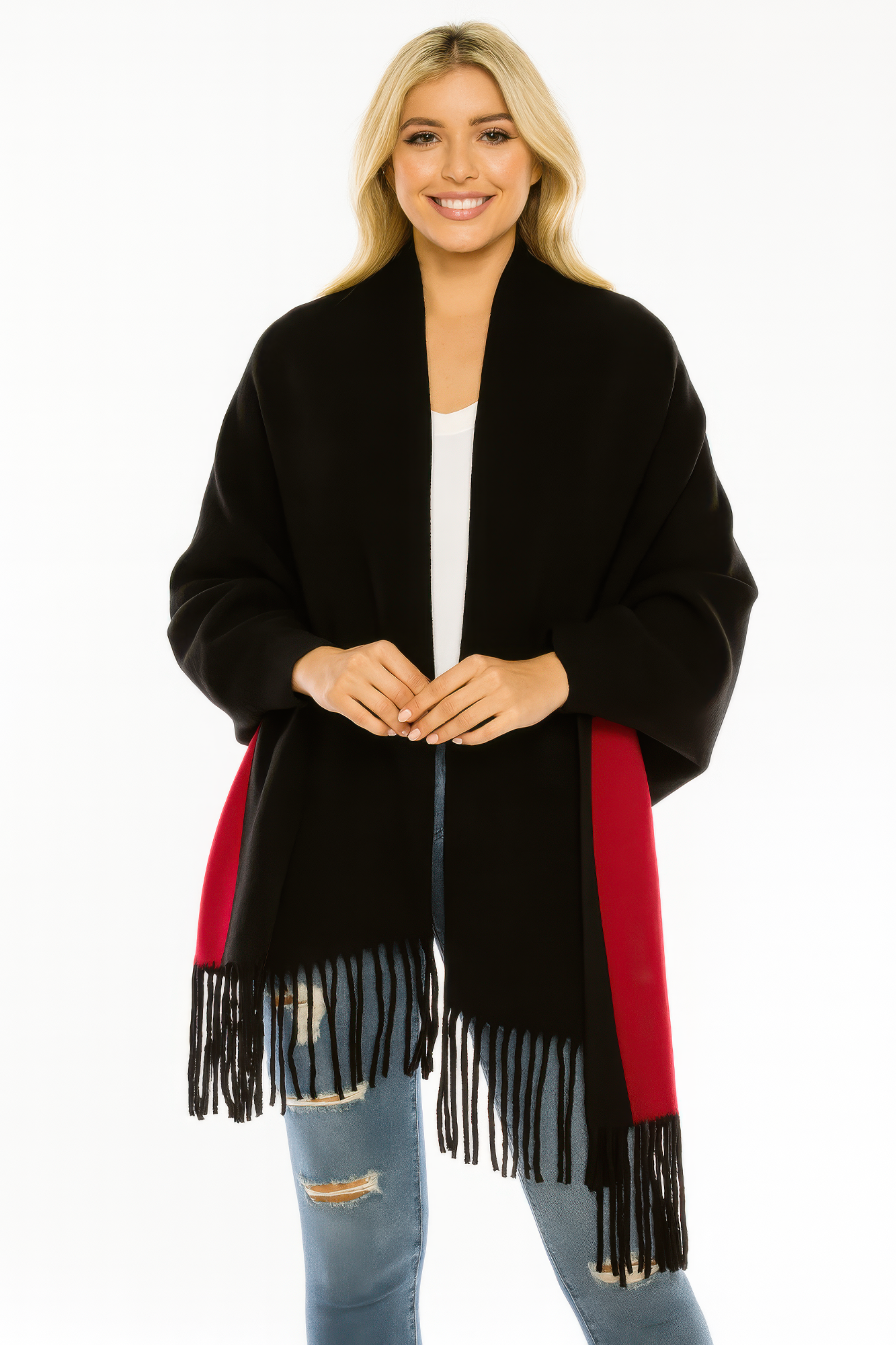 Colorblock Fringe-trimmed Open Wrap