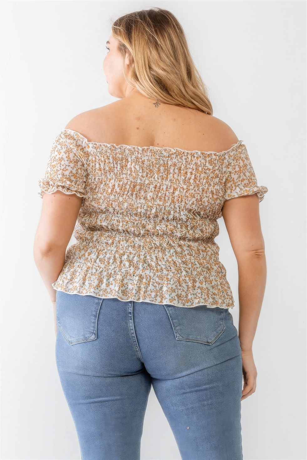 Thumbnail: Plus Floral Chiffon Ruched Smocked Off-the-shoulder Top