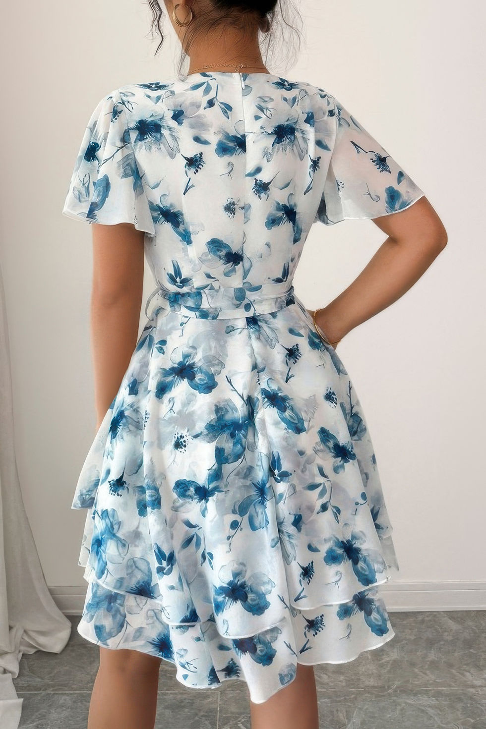 Thumbnail: Floral V Neck Ruffle Sleeve Tie Belt Dress