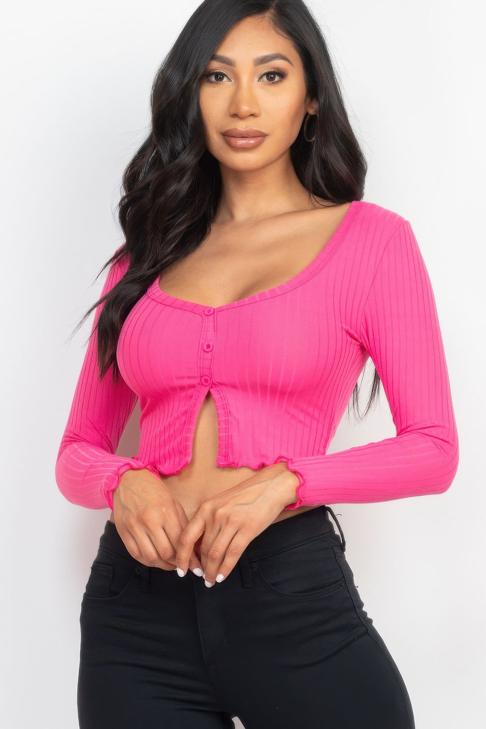 Thumbnail: Ribbed Button Front Split Long Sleeve Top
