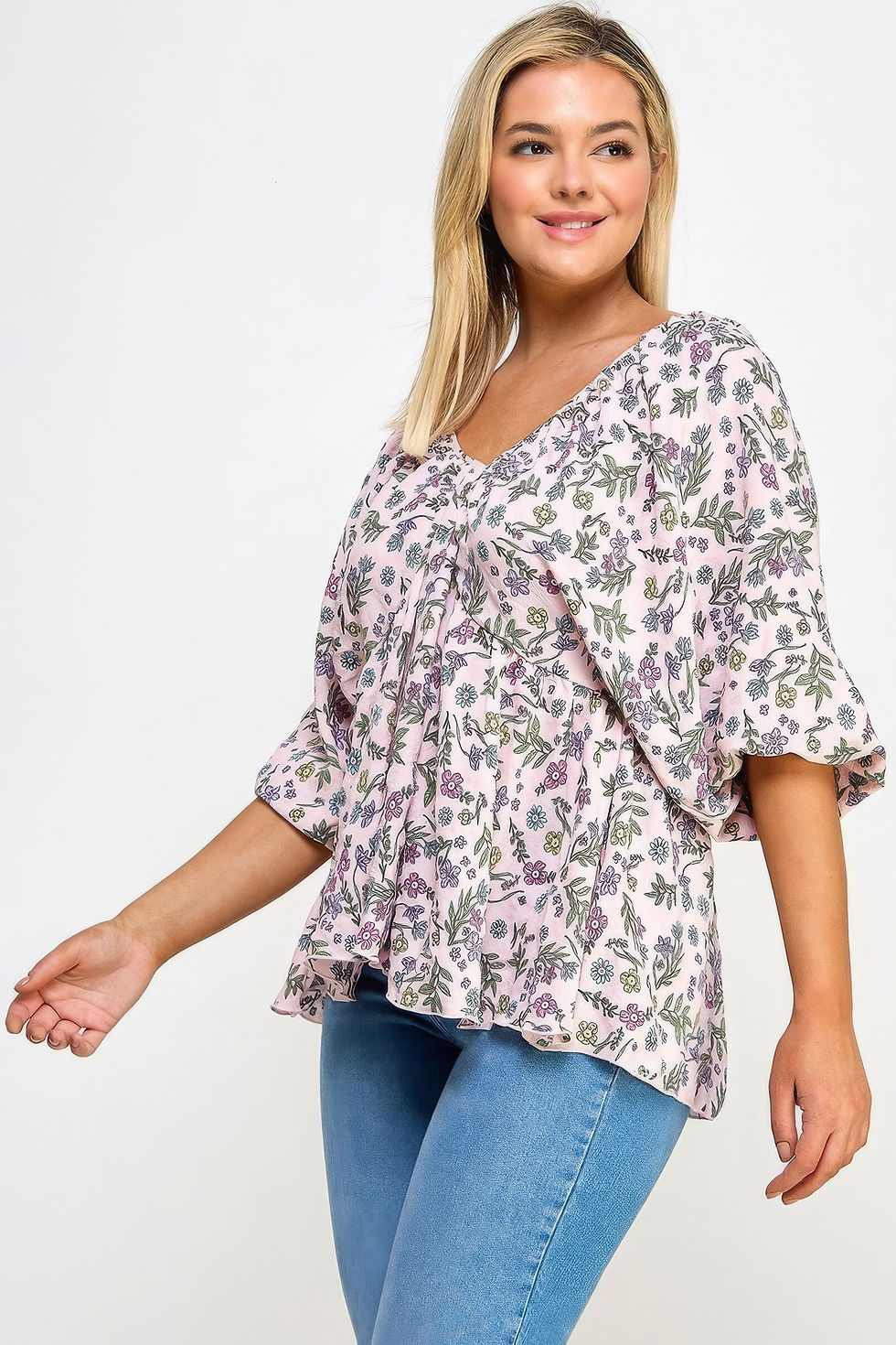 Thumbnail: Floral V-neck Babydoll Balloon Slv Top
