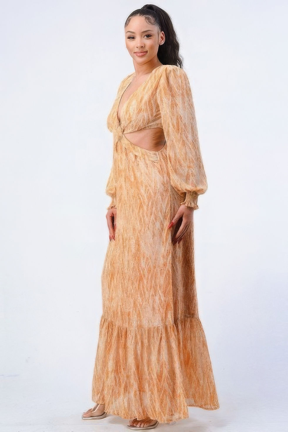 Thumbnail: Printed V Neck Self Belted Side Cut Out Ruffled Maxi Dress