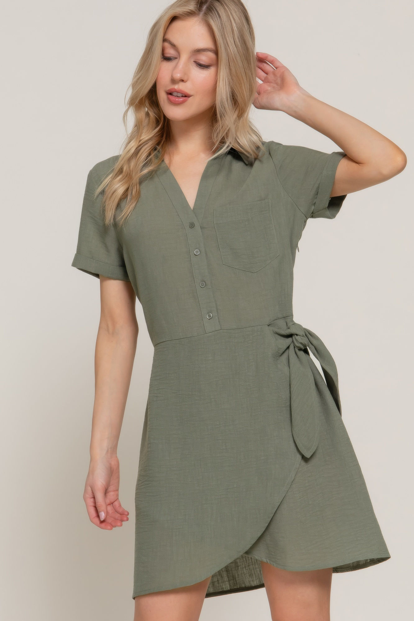 Button Down Side Bow Linen Effect Mini Dress         