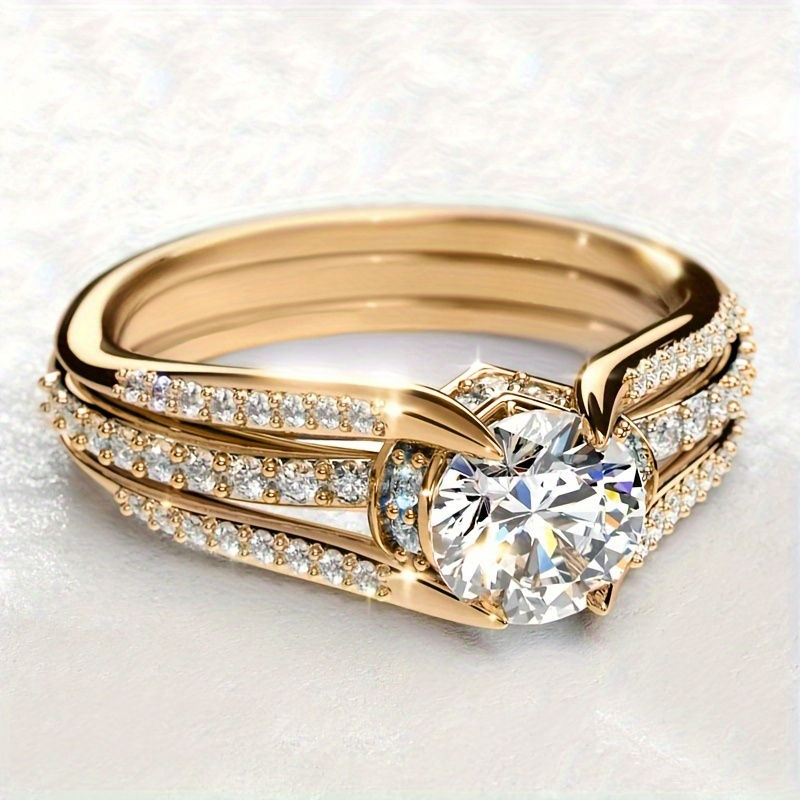 Thumbnail: 18K Gold-Plated Elegant Engagement Ring with Sparkling Zirconia - Perfect for W