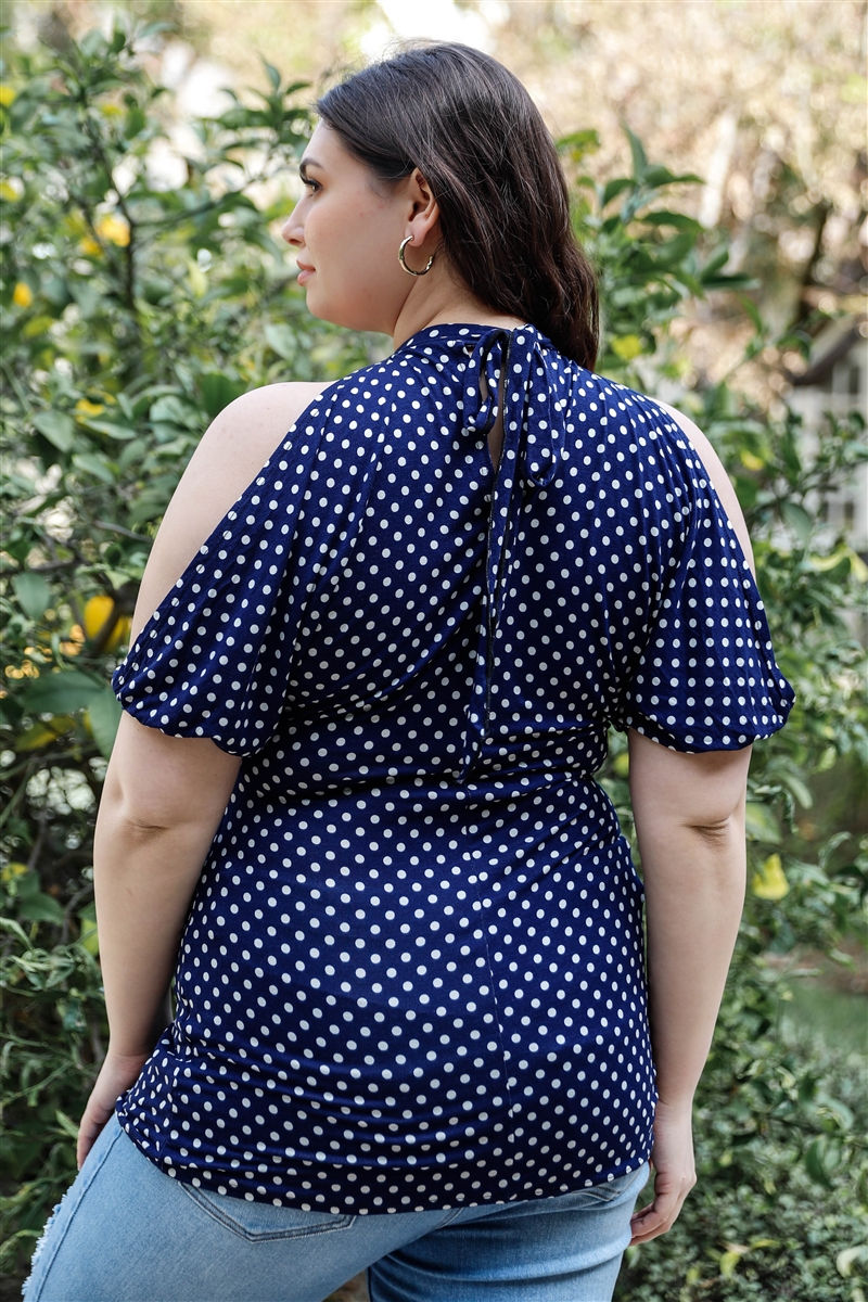 Thumbnail: Plus Polka Dot Cold Shoulder Short Sleeve Back Self-tie Top