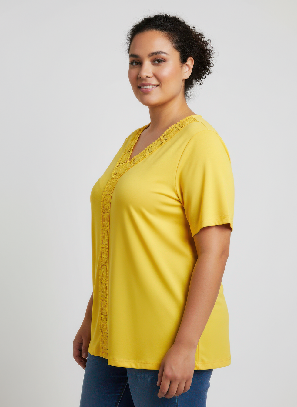 Thumbnail: Lace Trim V-neck Short Sleeve Knit Top