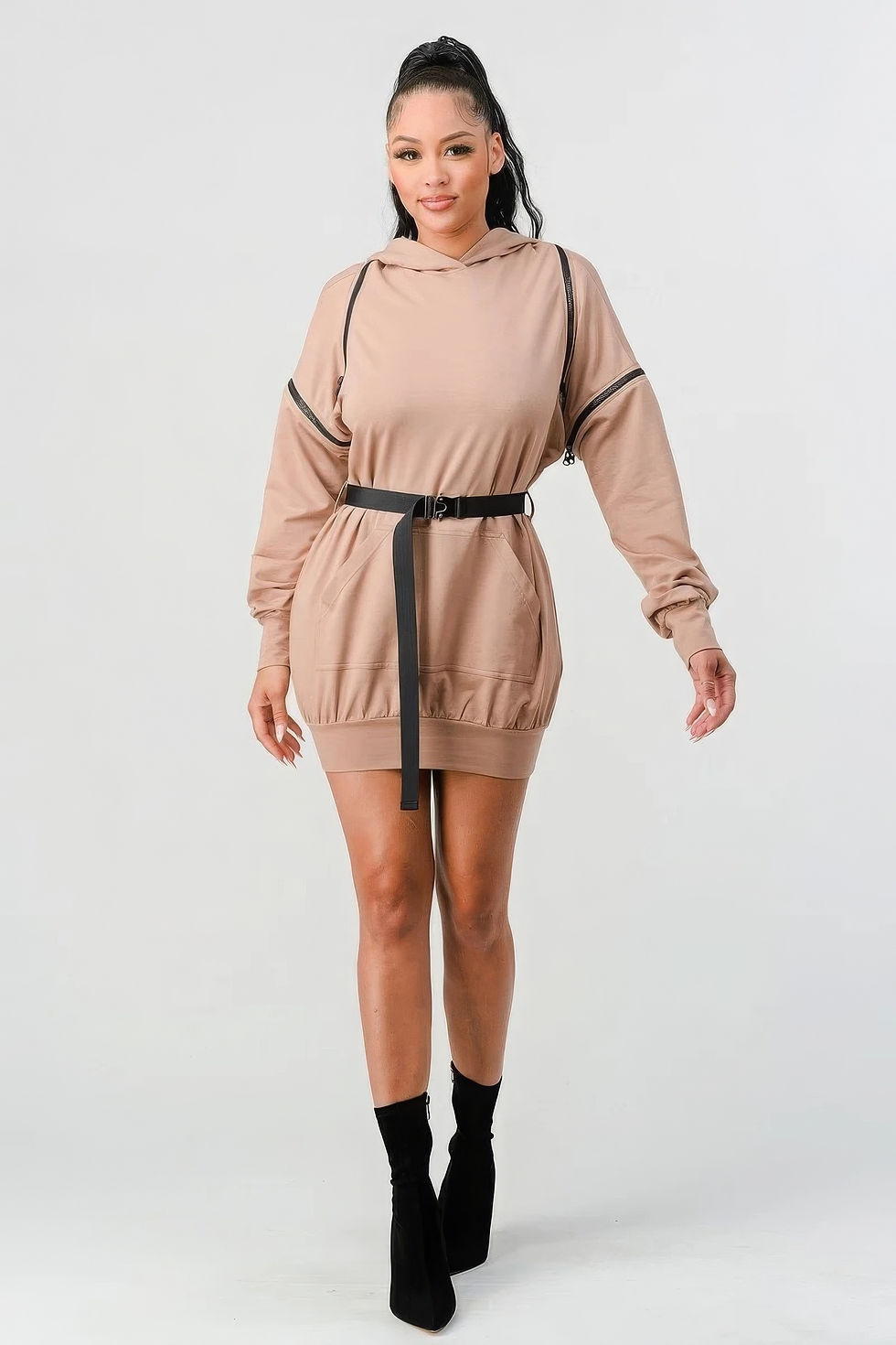 Thumbnail: Double Zipper Long Sleeve Hooded Mini Dress