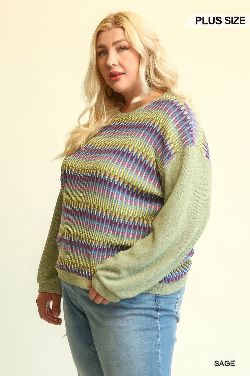 Thumbnail: Novelty Knit And Solid Knit Mixed Loose Top With Drop Down Shoulder