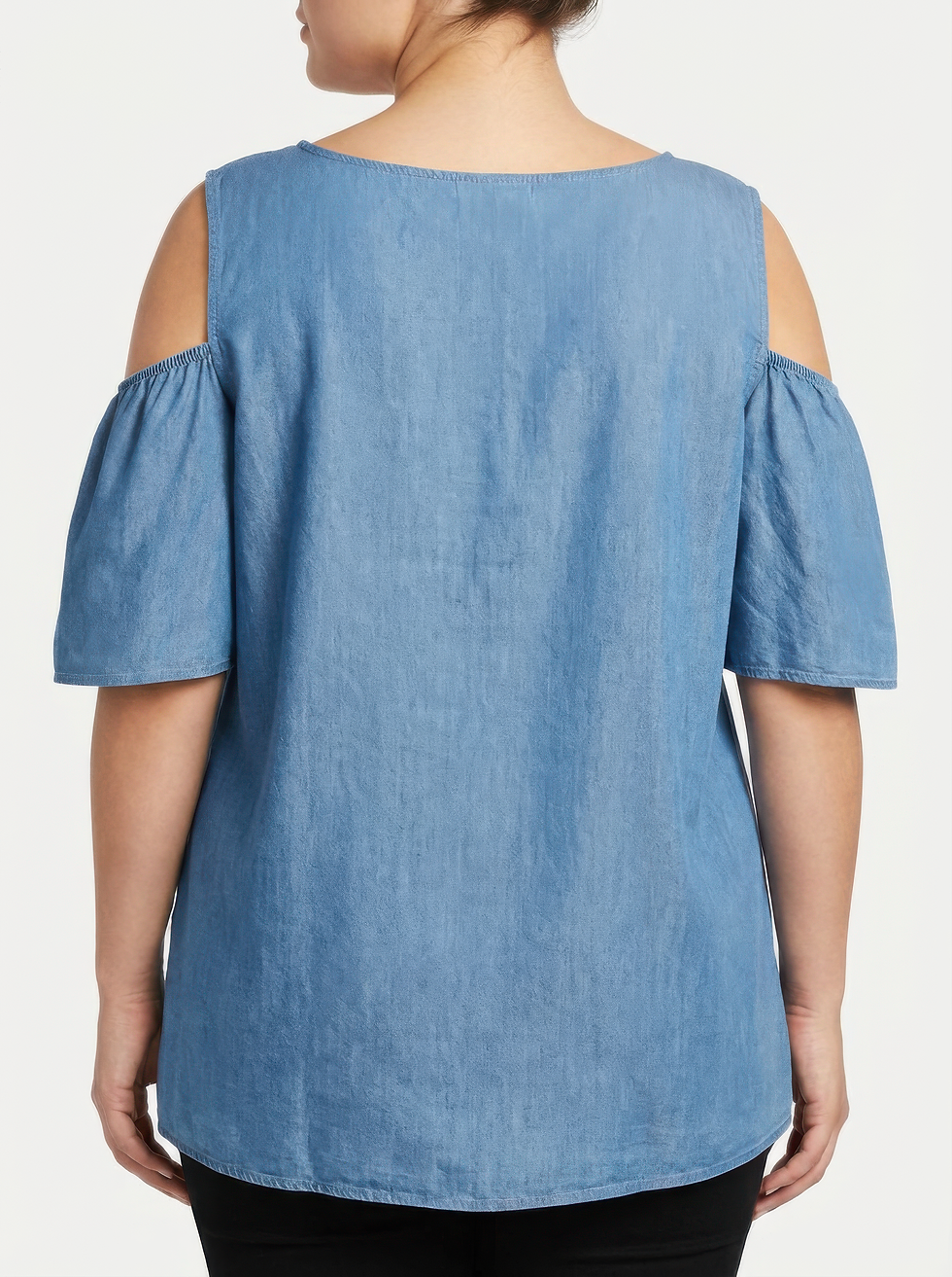 Thumbnail: Lace Yoke Cold-shoulder Chambray Blouse