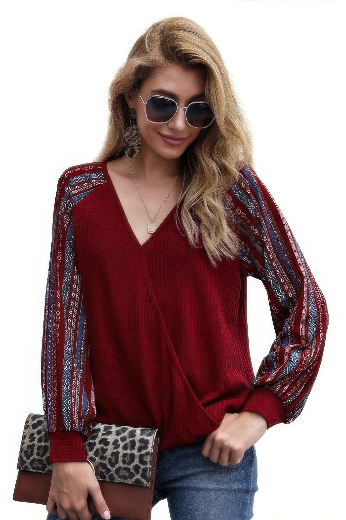 Color Block Deep V Neck Raglan Sleeve Wrap Top