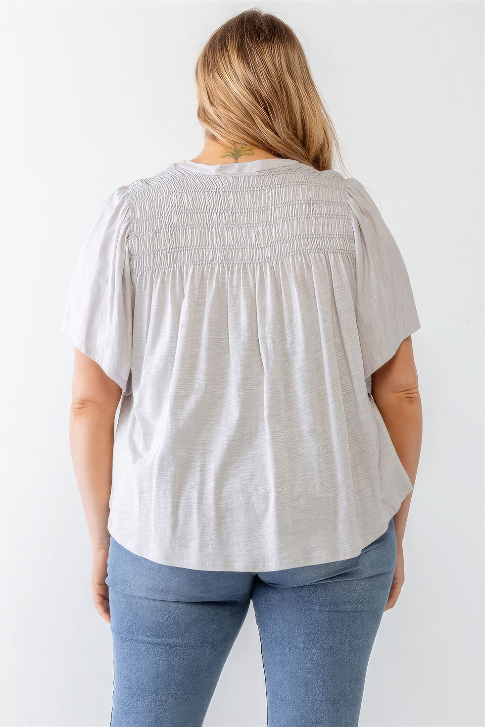 Thumbnail: Plus Grey Cotton Blend Smoked Short Sleeve Top