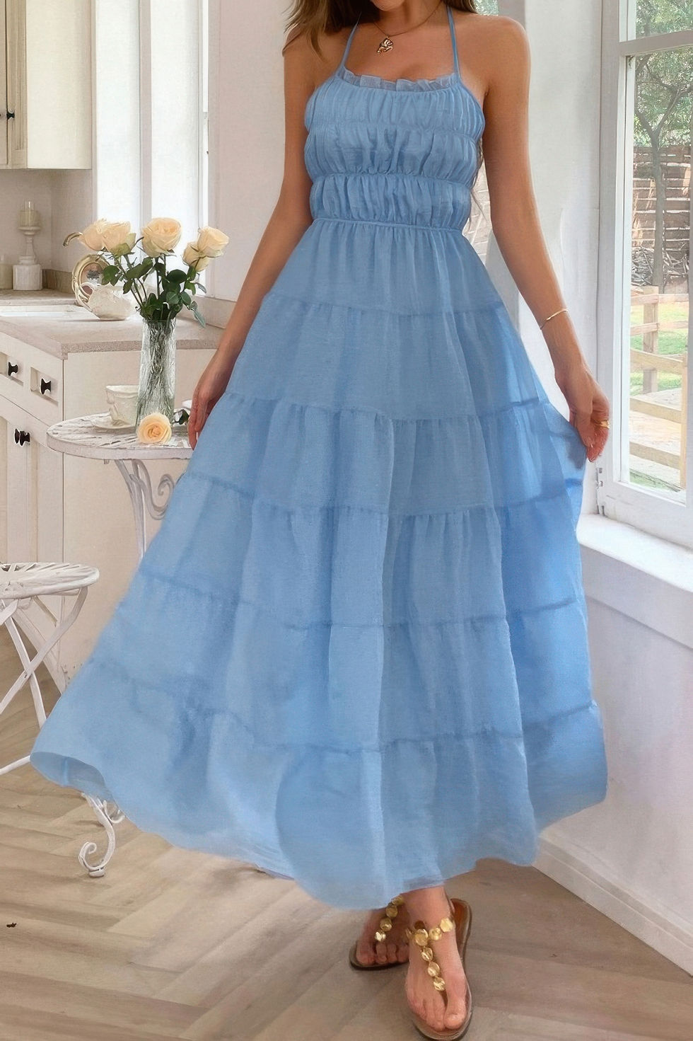 Thumbnail: Solid Halter Ruched Textured Tiered Full Dress