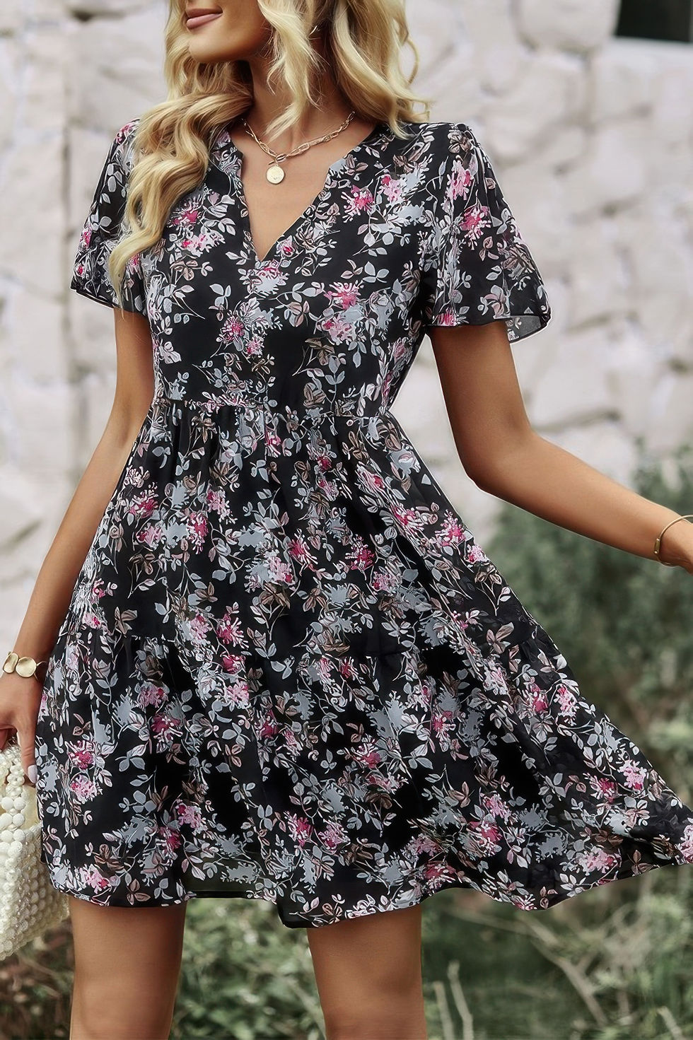 Thumbnail: V Neck Bohemian Floral Print A Line Fit Dress