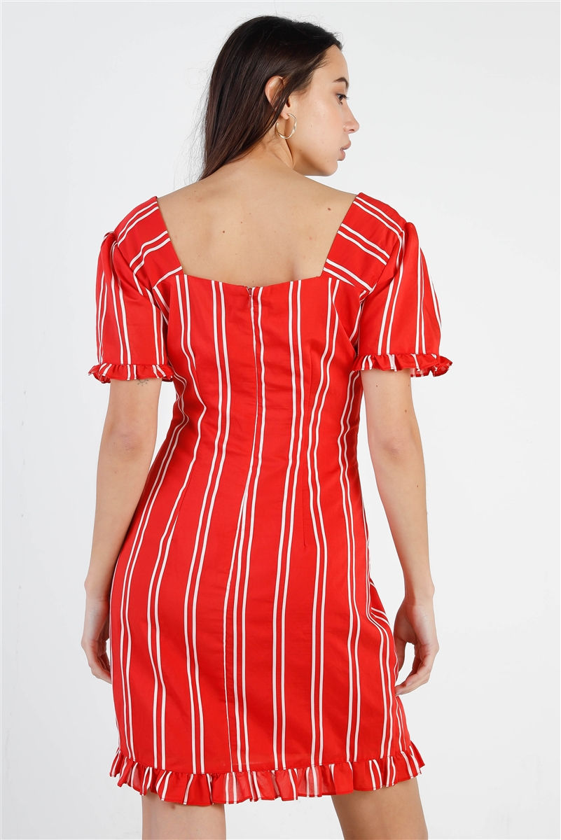 Thumbnail: Red Stripe Lace Up Front Detail Ruffle Trim Balloon Sleeve Dress