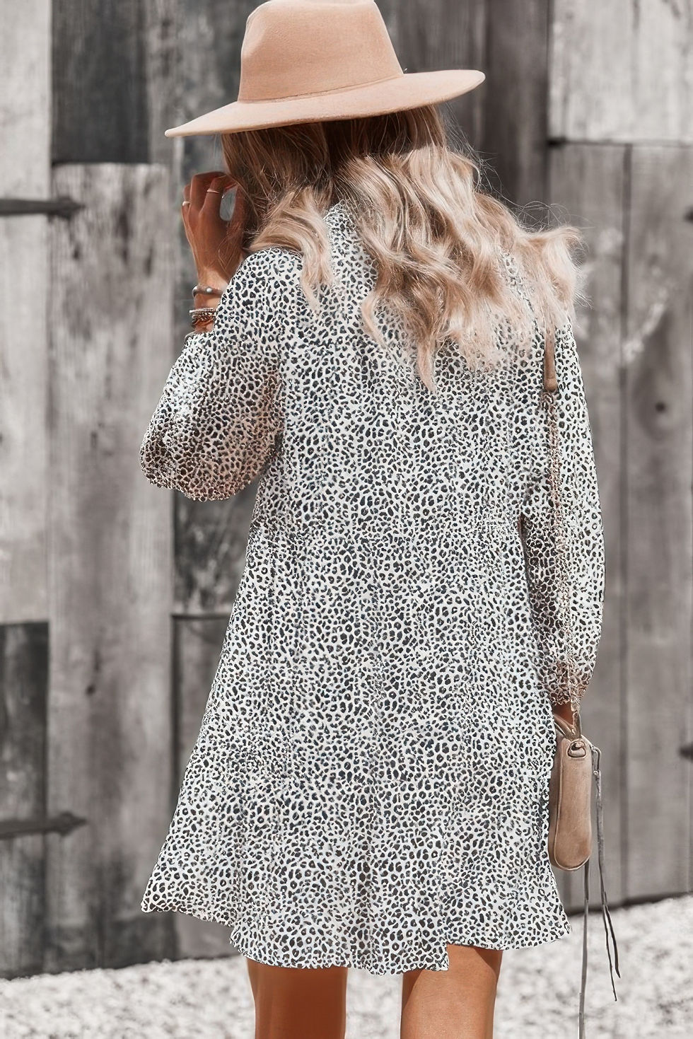 Thumbnail: Animal Print Button Down A Line Lantem Sleeve Dress