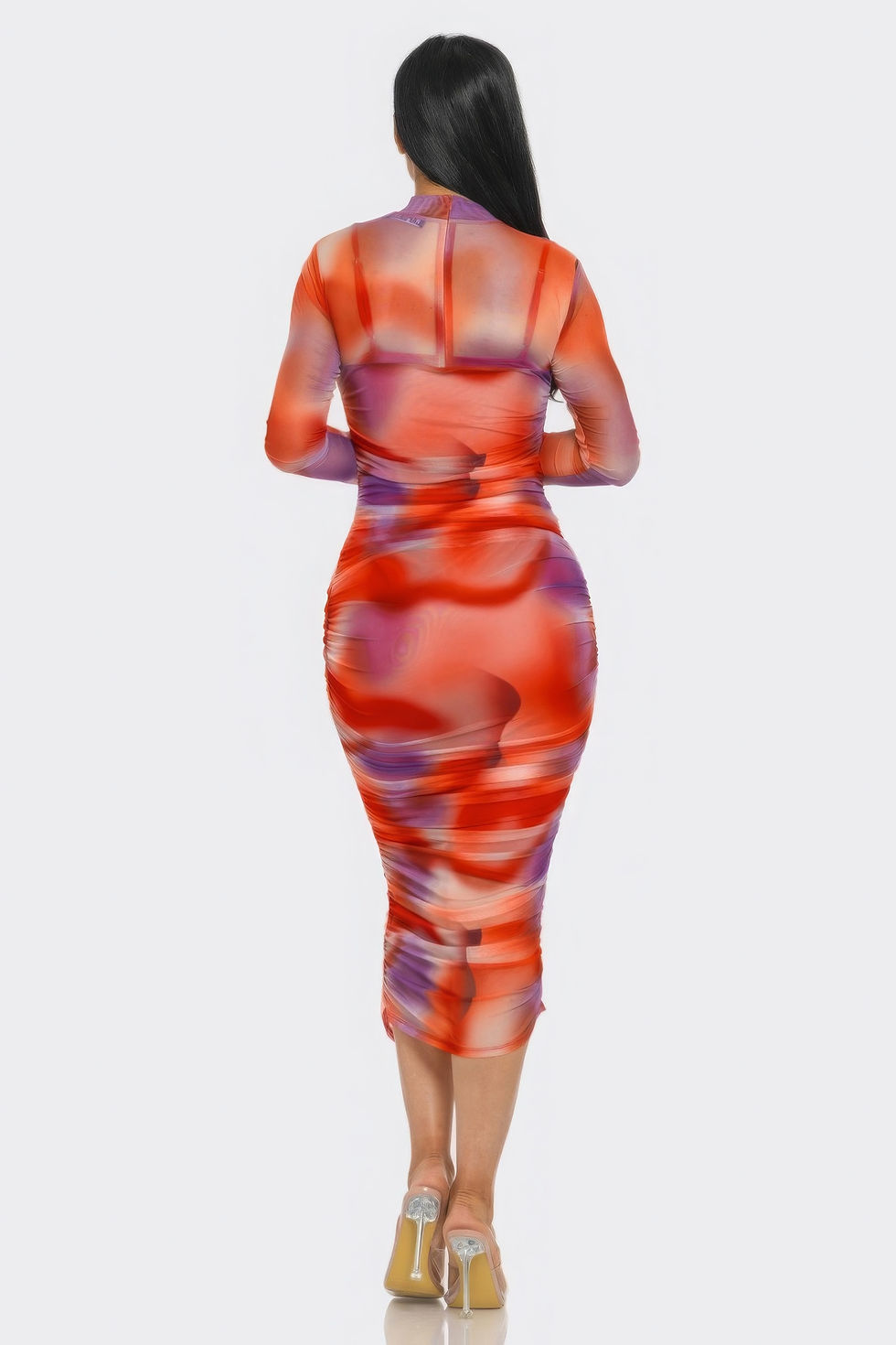 Thumbnail: Summer Heat Print Mesh Ruched Midi Dress