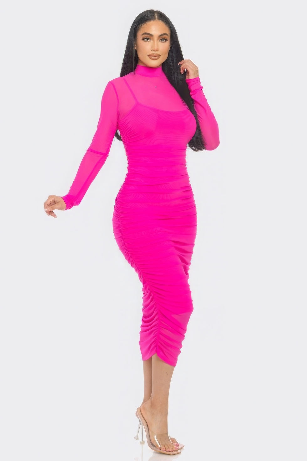 Thumbnail: Solid Mesh Ruched Midi Dress