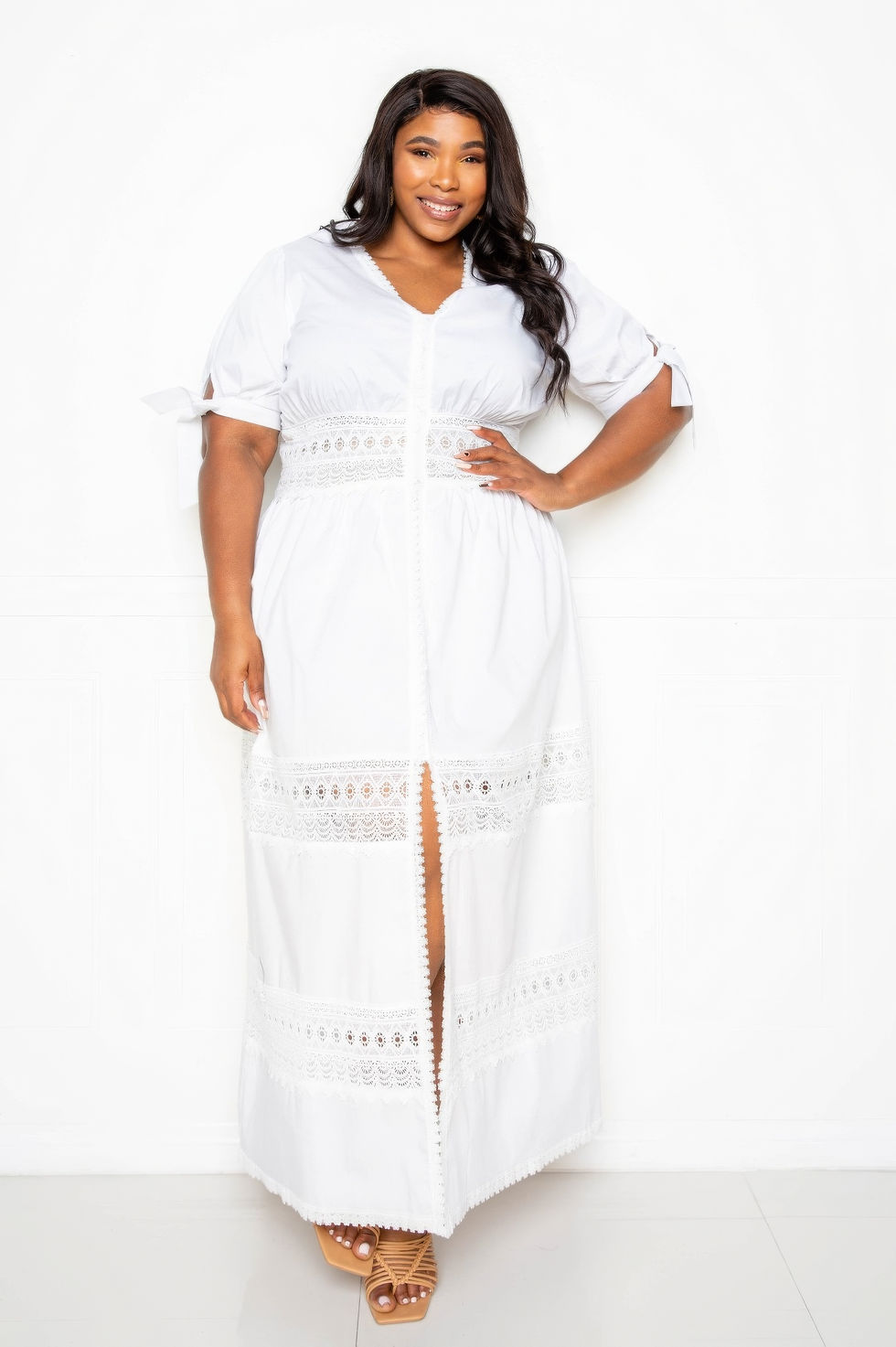Thumbnail: Puff Sleeve Maxi Dress With Lace Insert