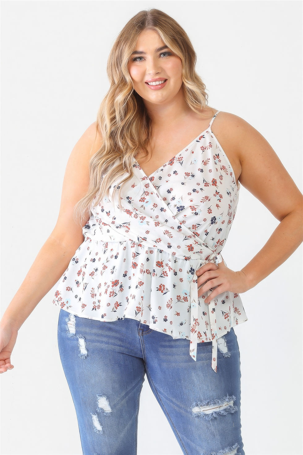 Thumbnail: Plus Floral Sleeveless Wrap Neck Flare Hem Top