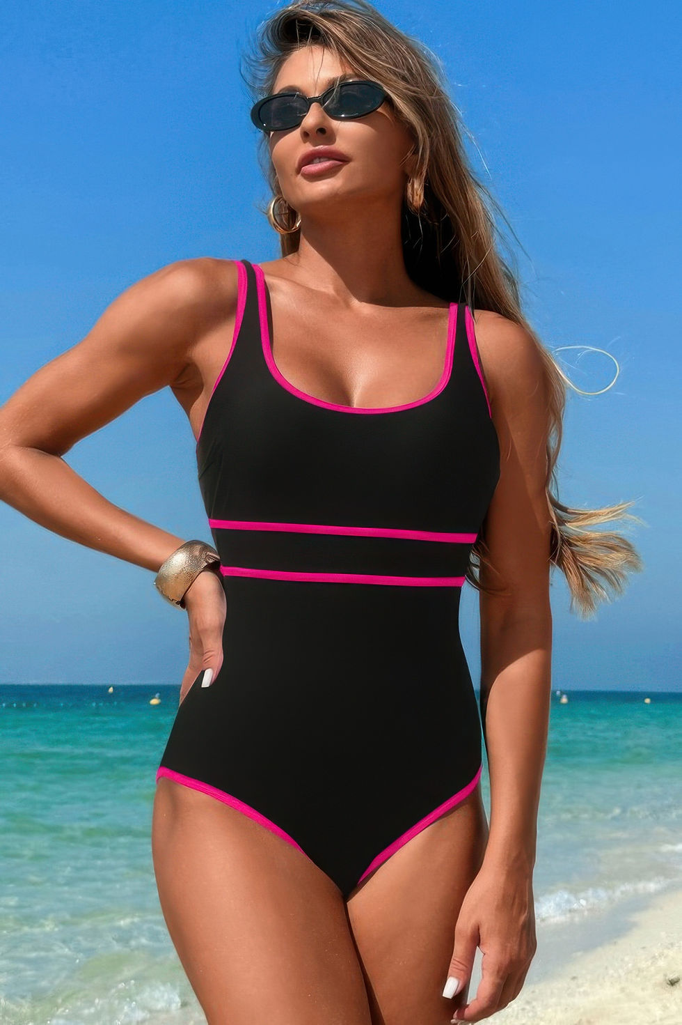 Thumbnail: U Neck Contrast Trim Strip One Piece Swimsuit
