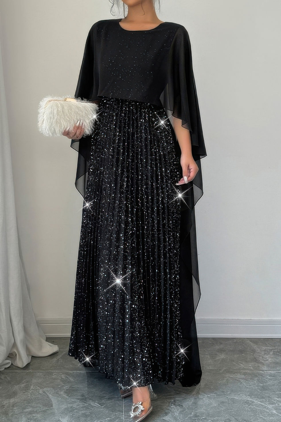 Thumbnail: Solid Elegant Sequin Satin Knit Party Long Dress