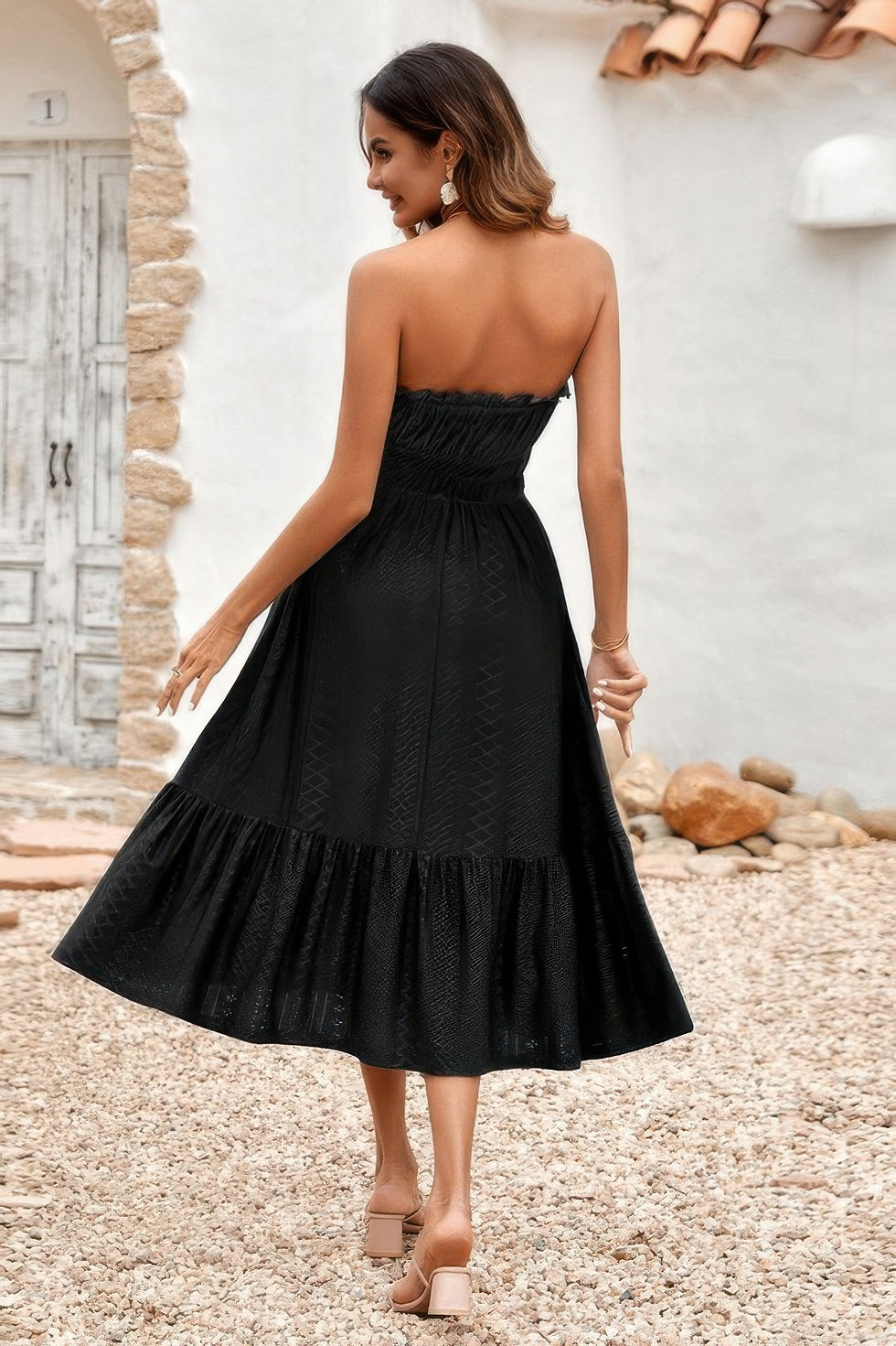 Thumbnail: Solid Off Shoulder Elasit Waist Ruffle Dress
