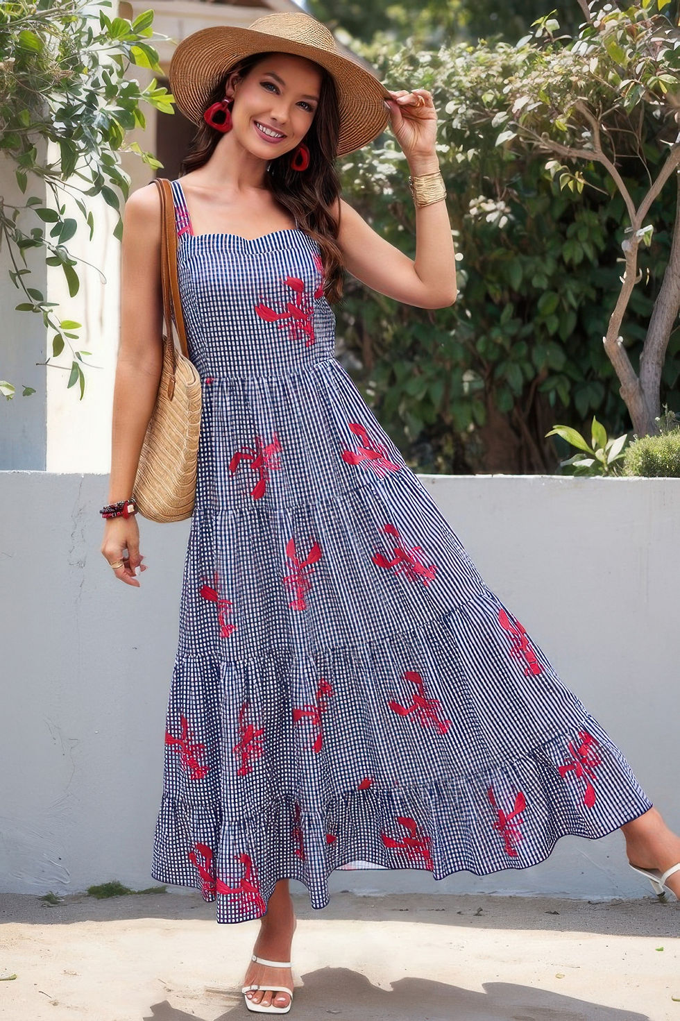 Thumbnail: Plaid Lobster Print A Line Ruched Dress