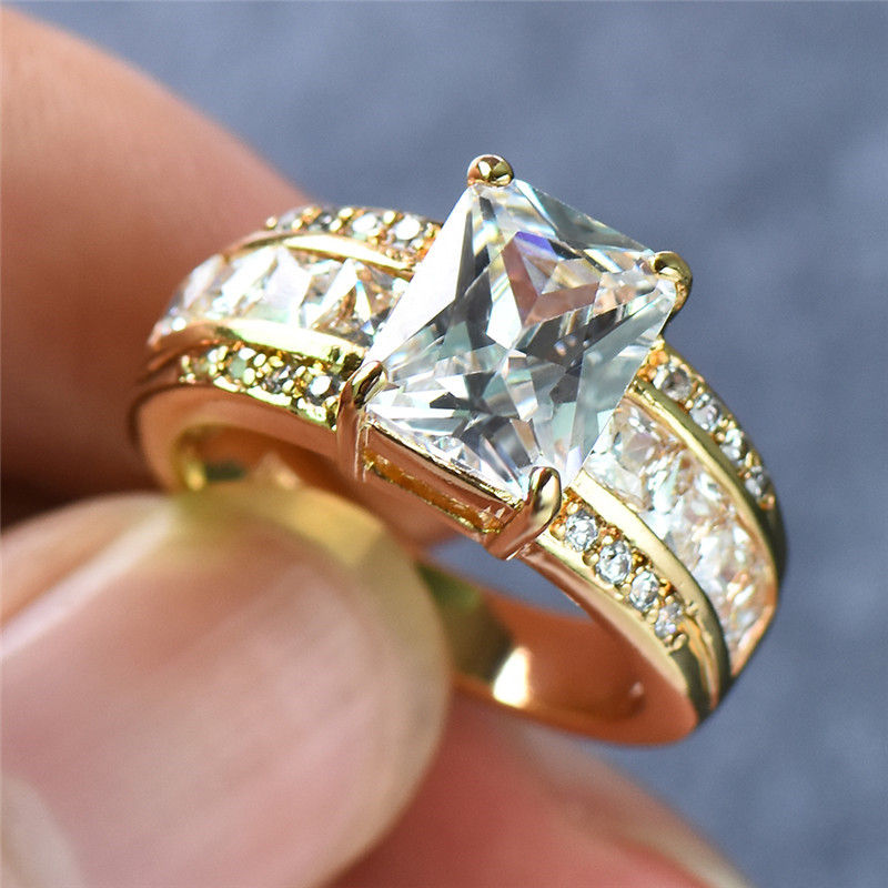 Thumbnail: 18k Gold Plated Large Rectangle Cut Zircon Multi Colors Statement Ring - Luxuri