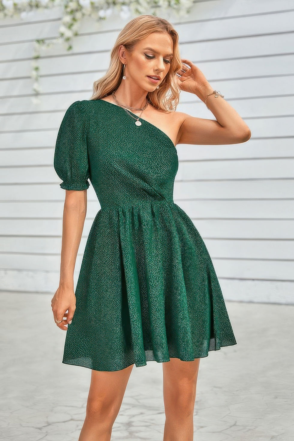 Thumbnail: One Shoulder Polka Dot Puff Sleeve Ruffle Dress