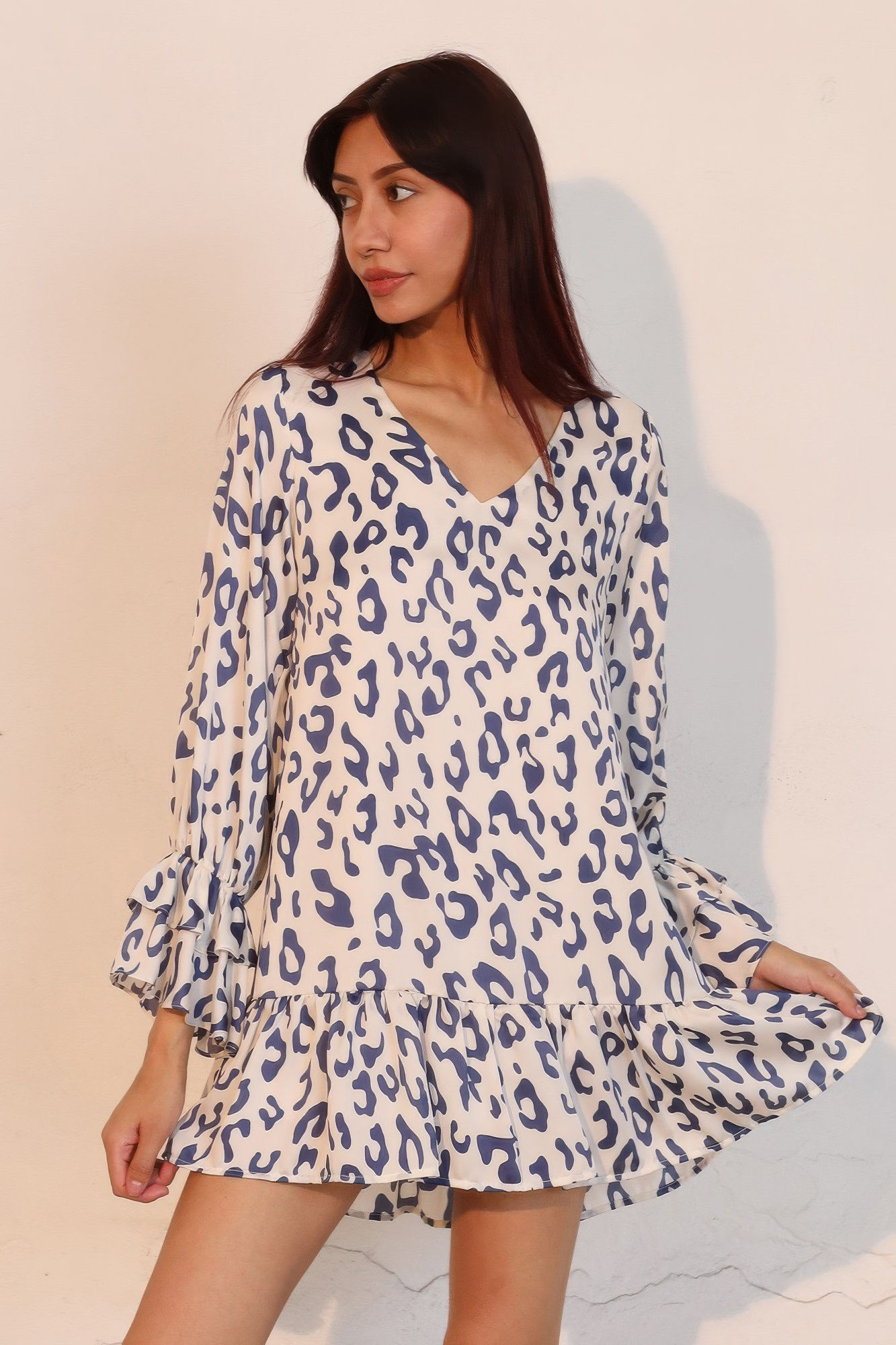 Simple Leopard Dress With Ruffle Cuff    