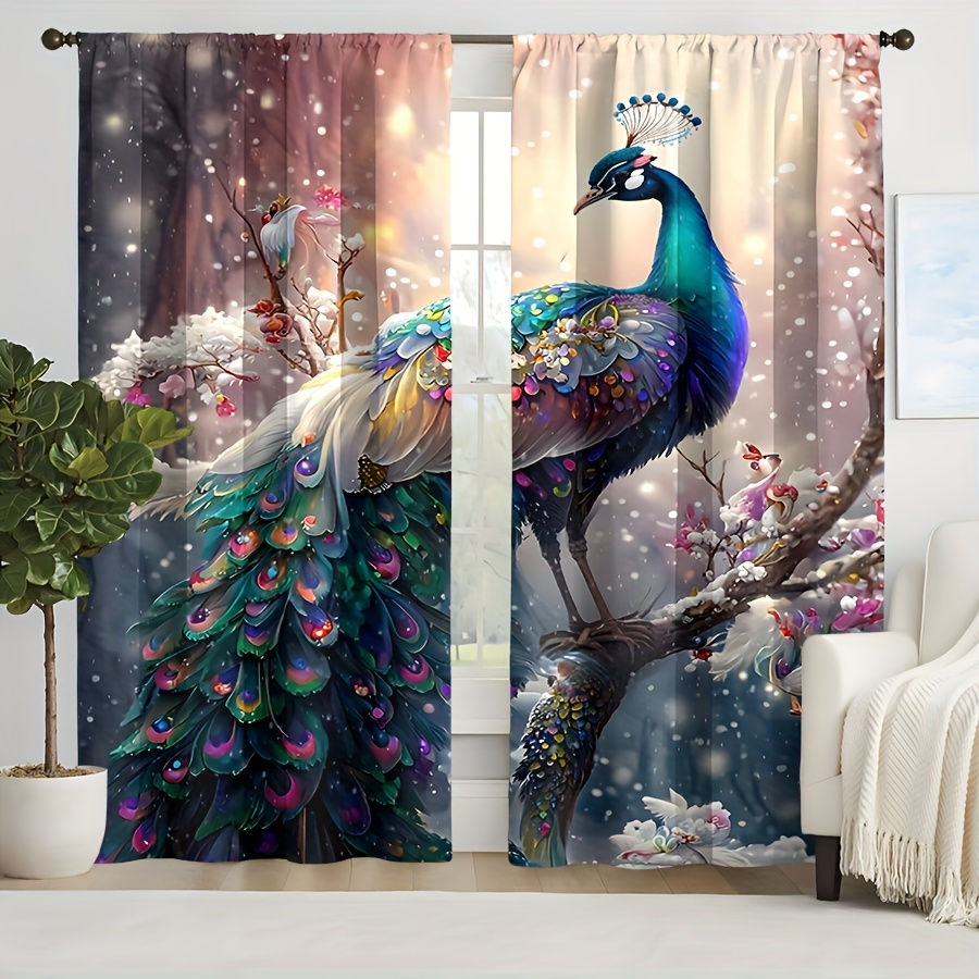 Thumbnail: 2pcs Vintage Red Flower Peacock Digital Art Curtains - Elegant Rod Pocket Desig