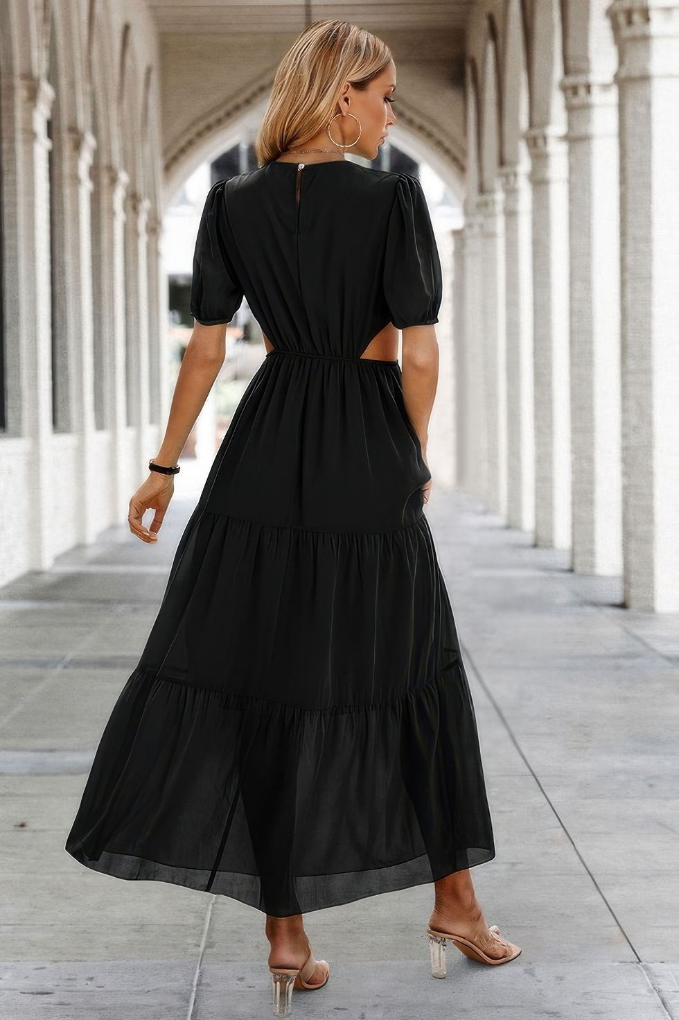Thumbnail: Cut Out Waist Ruffle Hem Puff Sleeves Fit Dress