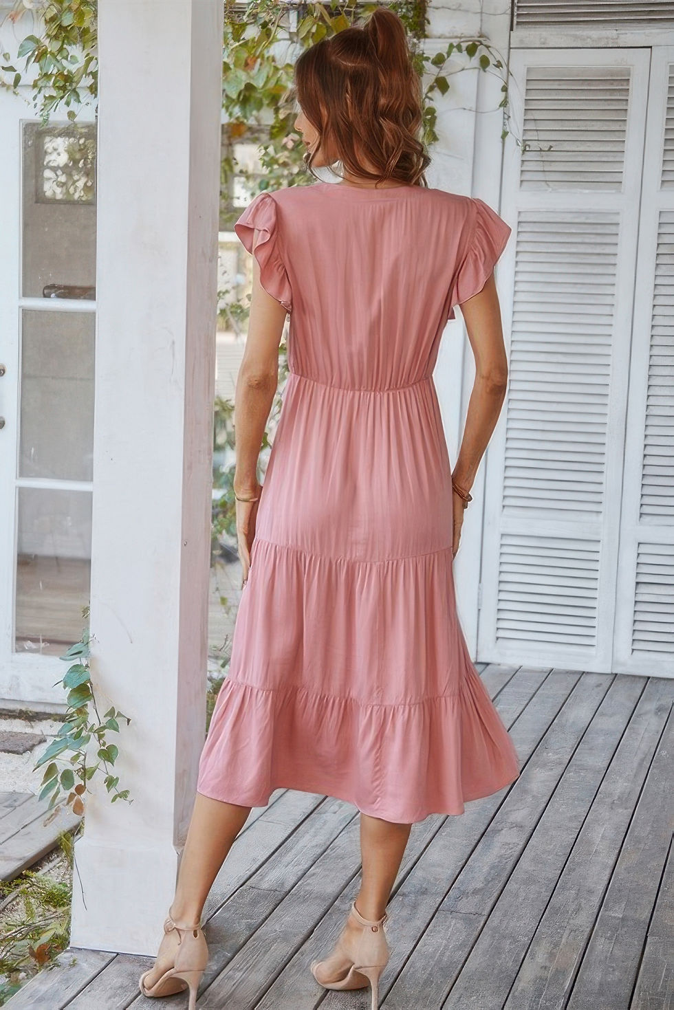 Thumbnail: V Neck Flutter Sleeve Ruffle Hem Layered Dress