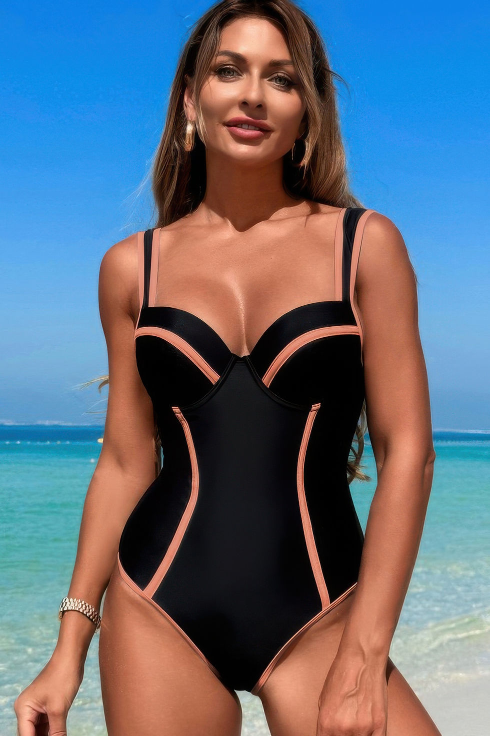 Thumbnail: Stripe Sweetheart Neckline One Piece Swimsuit